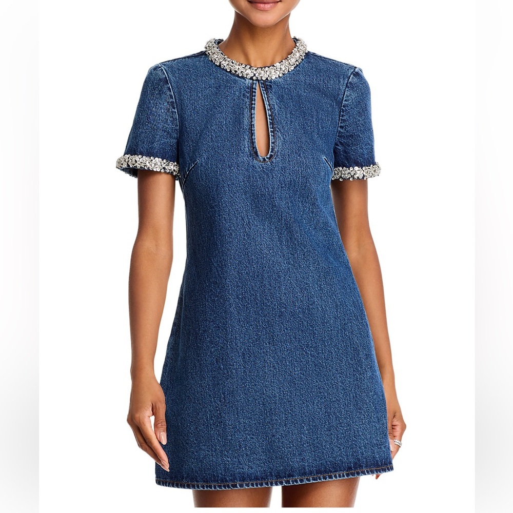 Self-Portrait Blue Denim Mini Dress with Embellished Trim